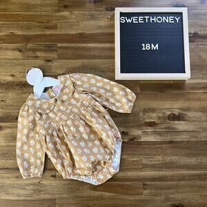 NWT SweetHoney Classic Bubble Romper Mustard Fall Floral Long Sleeves 18M